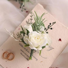 6Pcs White Faux Silk Rose Boutonnieres for Men Wedding Prom | White Artificial S