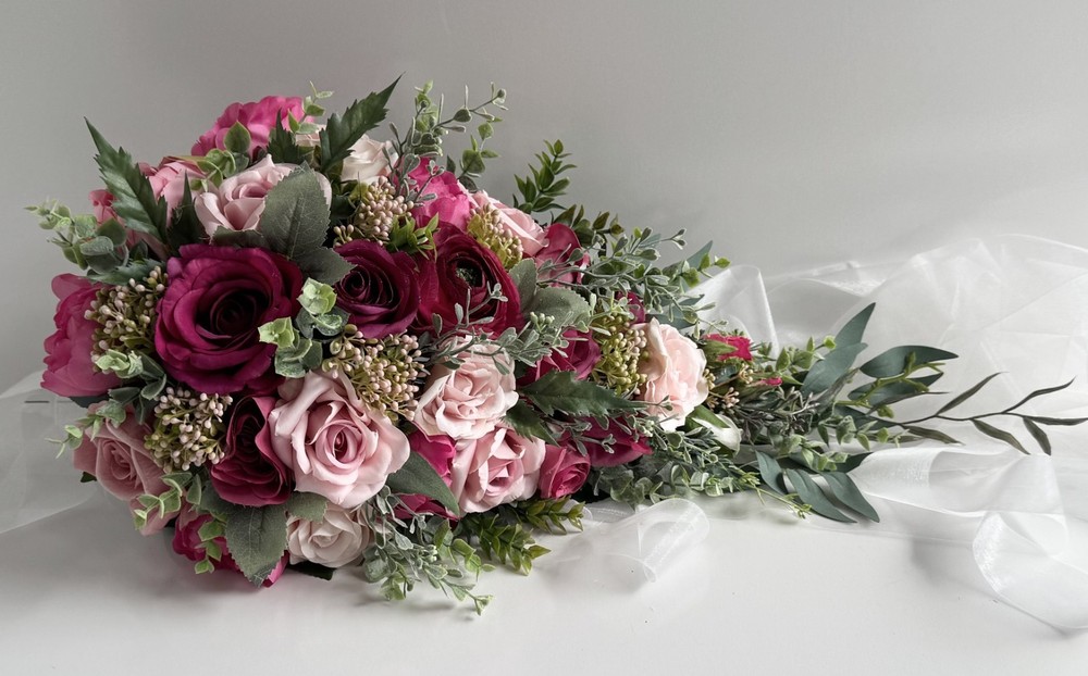 Cascading Wedding Bouquet Hot Pink Dusty Pink Roses Berry Flower Eucalyptus Gum