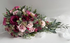 Cascading Wedding Bouquet Hot Pink Dusty Pink Roses Berry Flower Eucalyptus Gum