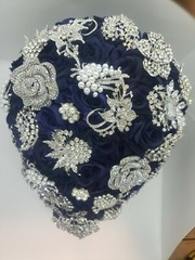 11” Rhinestone Brooch Bridal Bouquet Navy Blue Wedding Rose with Jewel Décor