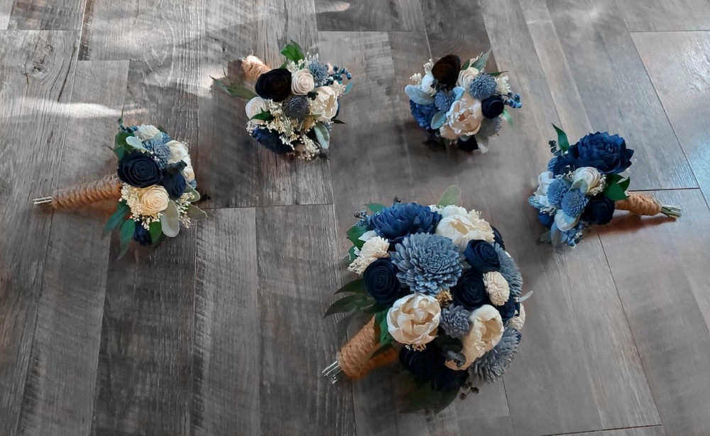5PC Navy Dusty Blue Sola Wood Wedding Bouquet Set – 1 Bridal & 4 Bridesmaids