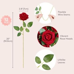 Classic Artificial Roses Flowers, Faux Long Stem Silk Roses Bulky for 12 Red