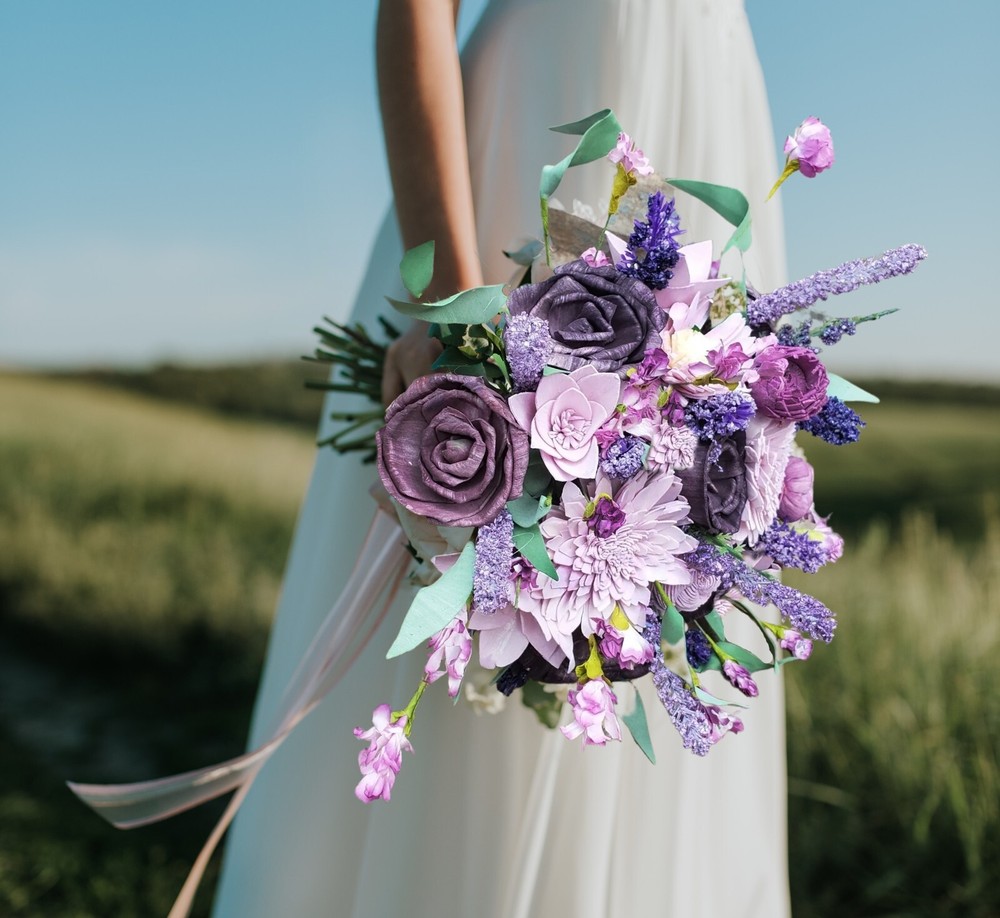 Purple Lavender Bridal Bouquet Sola Wood Bridesmaid Wildflower Wedding Decor