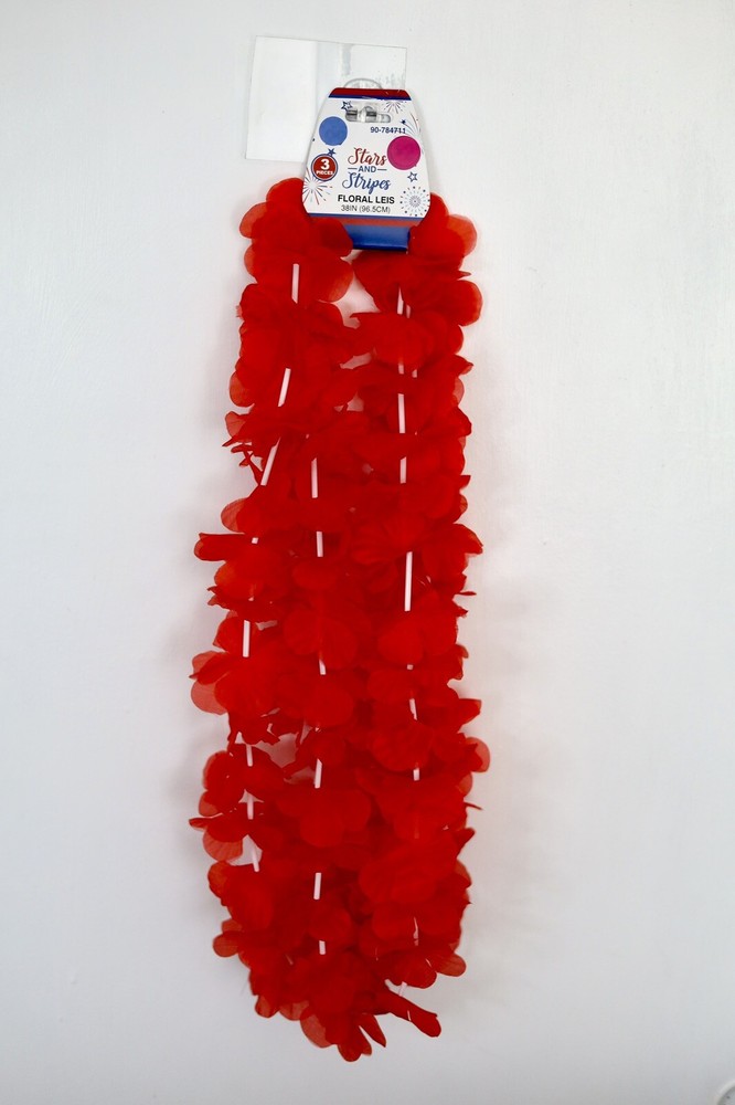 Red Floral Leis, 3 Pack – Hawaiian, Tropical, Summer Or 4th Of July Theme Party