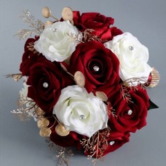Wedding Romantic Flower Bouquet Artificial White and Wine Red Rose Flowers Props