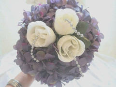 Wedding bouquet bride dark lavender off white rosebud silk artificial round