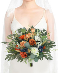 Fall Wedding Bouquet for Bride – Navy Blue, Burnt Orange – Artificial Flowers