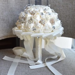 Handmade Luxury Rose Silk Pearls Rhinestone Brooch Wedding Bridal Bouquet Ivory