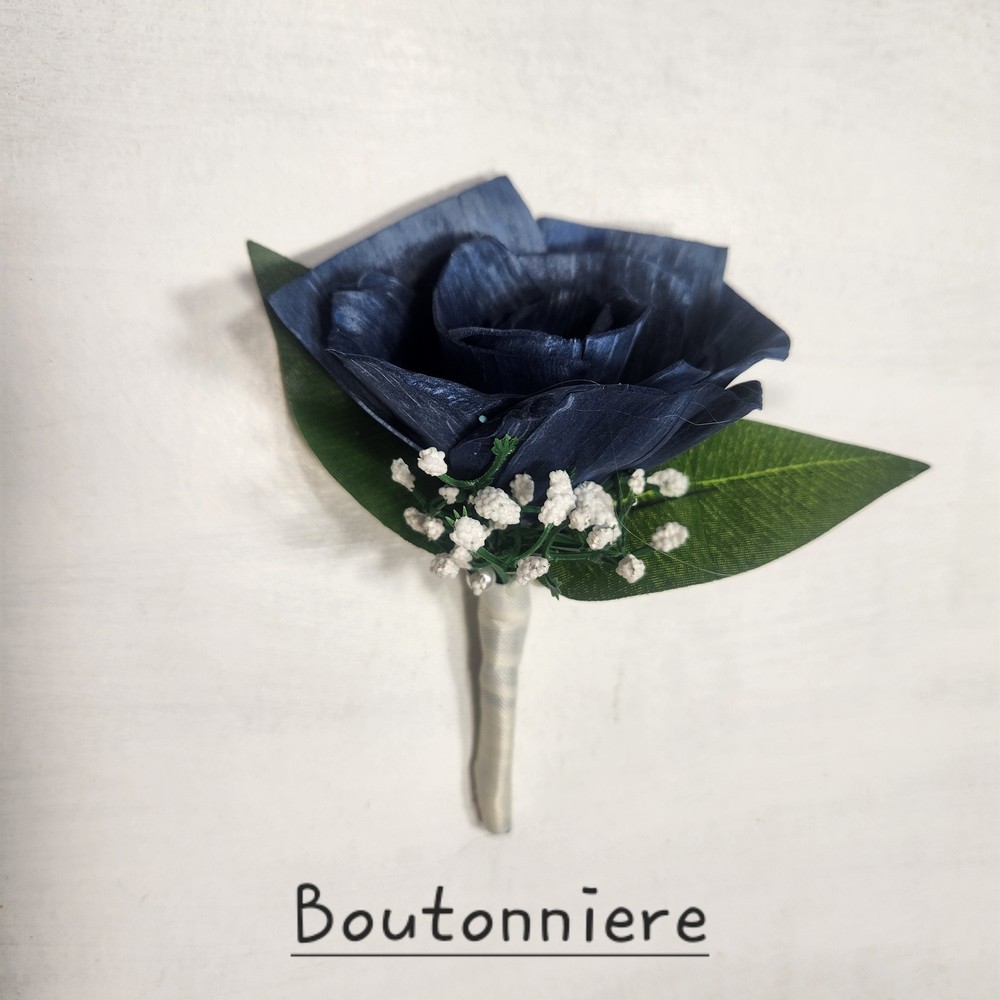 Navy Blue Ivory Rose Calla Lily Sola Wood Bridal Wedding Bouquet Accessories