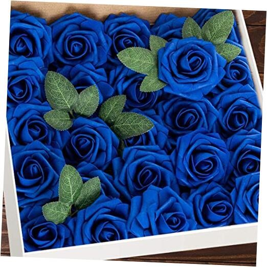 Artificial Flowers 25pcs Real Looking Foam Fake Roses with 25Pcs Royal Blue