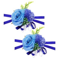2Pcs Artificial Corsage Wristlet Flower Wrist Prom Corsage Light Blue
