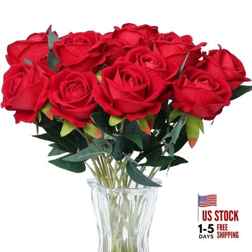 15PCS Artificial Roses Silk Flowers Fake Roses Realistic Bouquet Long Stem Red