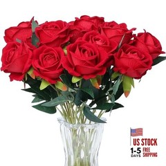 15PCS Artificial Roses Silk Flowers Fake Roses Realistic Bouquet Long Stem Red