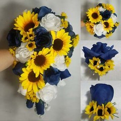 Navy Blue White Rose Sunflower Bridal Wedding Bouquet Accessories