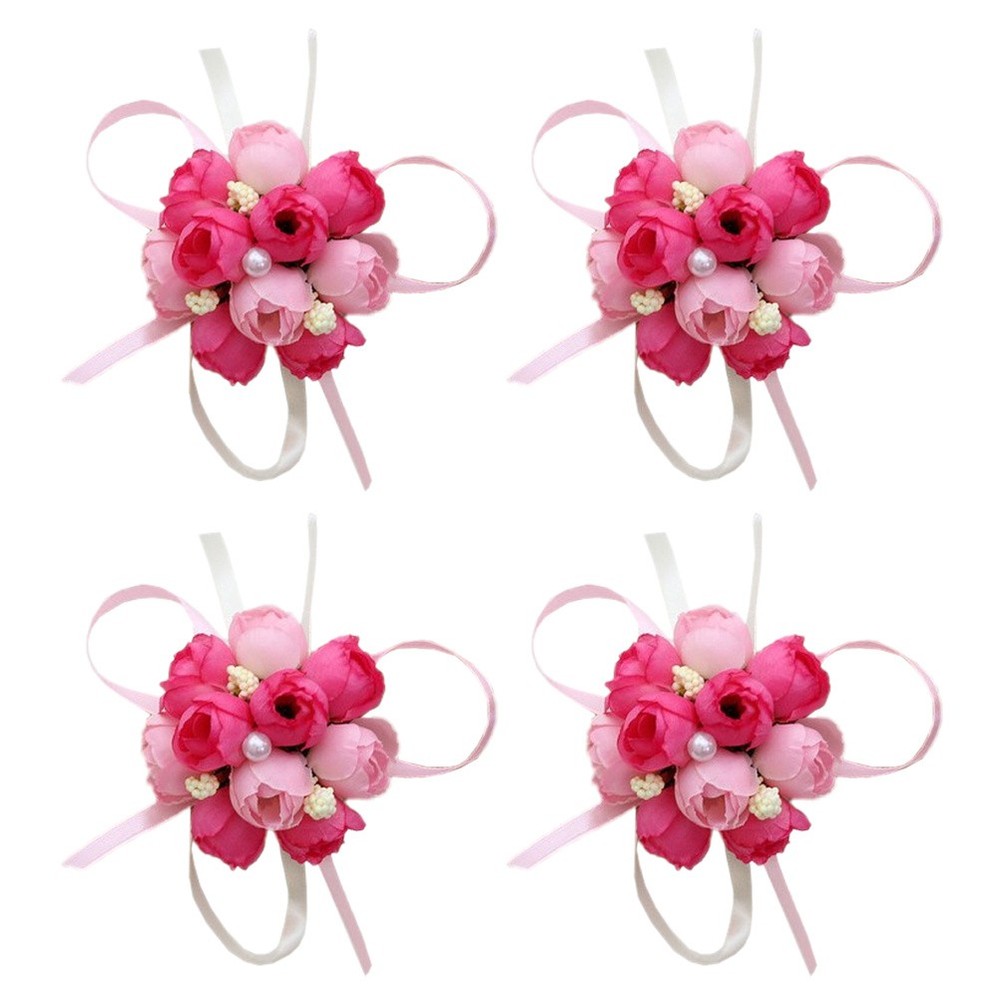4 Pcs Silk Wedding Wrist Flowers Brooch Flower Ornament for Outdoor Wedding