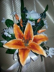 Wedding 23 pc bridal bouquet orange stargazer lily, green orchid white or ivory