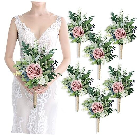 8 Inch Bridesmaid Bouquets Set of 6 – Artificial Flowers 6pcs Dusty Pink