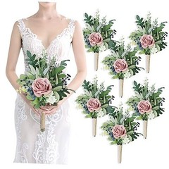 8 Inch Bridesmaid Bouquets Set of 6 – Artificial Flowers 6pcs Dusty Pink