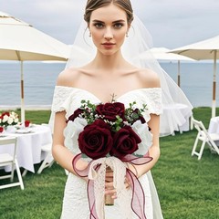 Vkkperp 9in Wedding Bouquets for Bride Bridesmaid, 9 inches, Burgundy & White