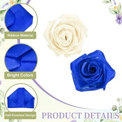 100pcs Eternal Roses Petals, Premade Satin Ribbon Flowers, Dark Blue/Beige