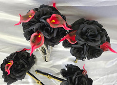 Gothic Wedding Bouquet Set, Skeleton Bone Gothic Red & Black 7 Piece Package