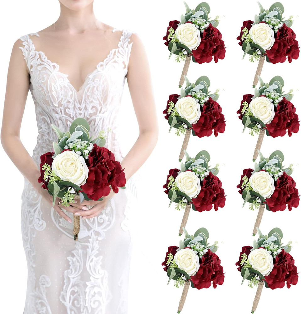Burgundy & White Silk Rose Bridesmaid Bouquets Set of 8 for Weddings