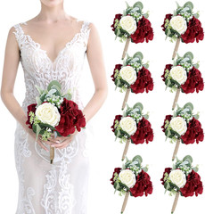 Burgundy & White Silk Rose Bridesmaid Bouquets Set of 8 for Weddings
