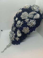 11” Rhinestone Brooch Bridal Bouquet Navy Blue Wedding Rose with Jewel Décor