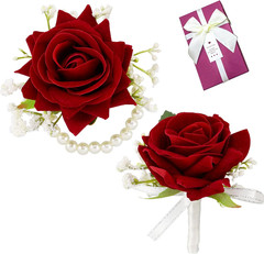 2Pcs Red Rose Corsage and Boutonniere Set Corsage Wristlet Band Bracelet for Pro