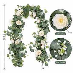 4 Pack Artificial Eucalyptus Flower Garland with Roses, Fake Rose 4PCS White