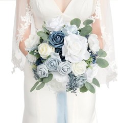 Elegant Dusty Blue Wedding Flowers Bouquet – Large 13″ Silk Roses, Perfect Bride