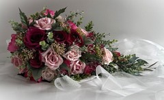 Cascading Wedding Bouquet Hot Pink Dusty Pink Roses Berry Flower Eucalyptus Gum