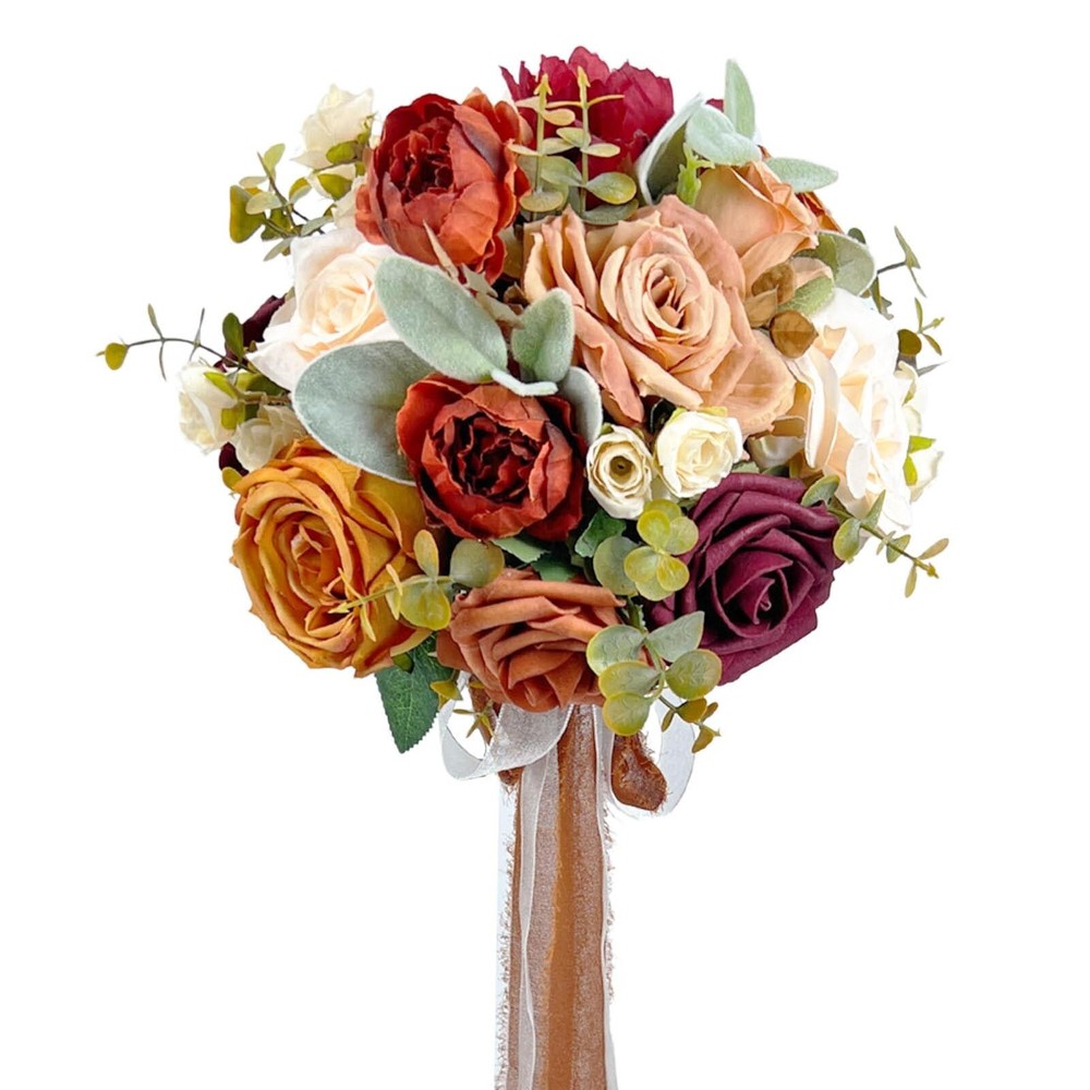 Burnt Orange Wedding Bouquet, Artificial Flowers Bridal Cascading Bouquets, V…