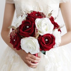 Wedding Romantic Flower Bouquet Artificial White and Wine Red Rose Flowers Props