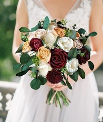 Peach Burgundy Bridal Bouquet Sola Wood Orange Rose Artificial Wedding Flowers
