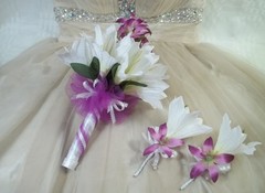 Wedding Bouquet White Lilies Ribbons Purple Orchids Tulle Men’s Corsages