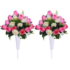 Hibsotco Set of 2 Artificial Cemetery Flowers with 2 Bouquets, White & Pink