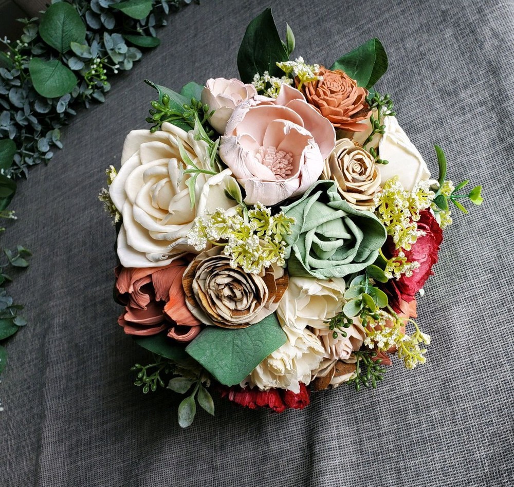 Pink Sage Terra Cotta Burgundy Sola Wood Bridal Bouquet Eucalyptus Bridesmaid