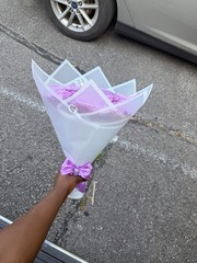 Artificial Purple & White Rose Flower Bouquet Bunch with Wrap, Ribbon & Tiara