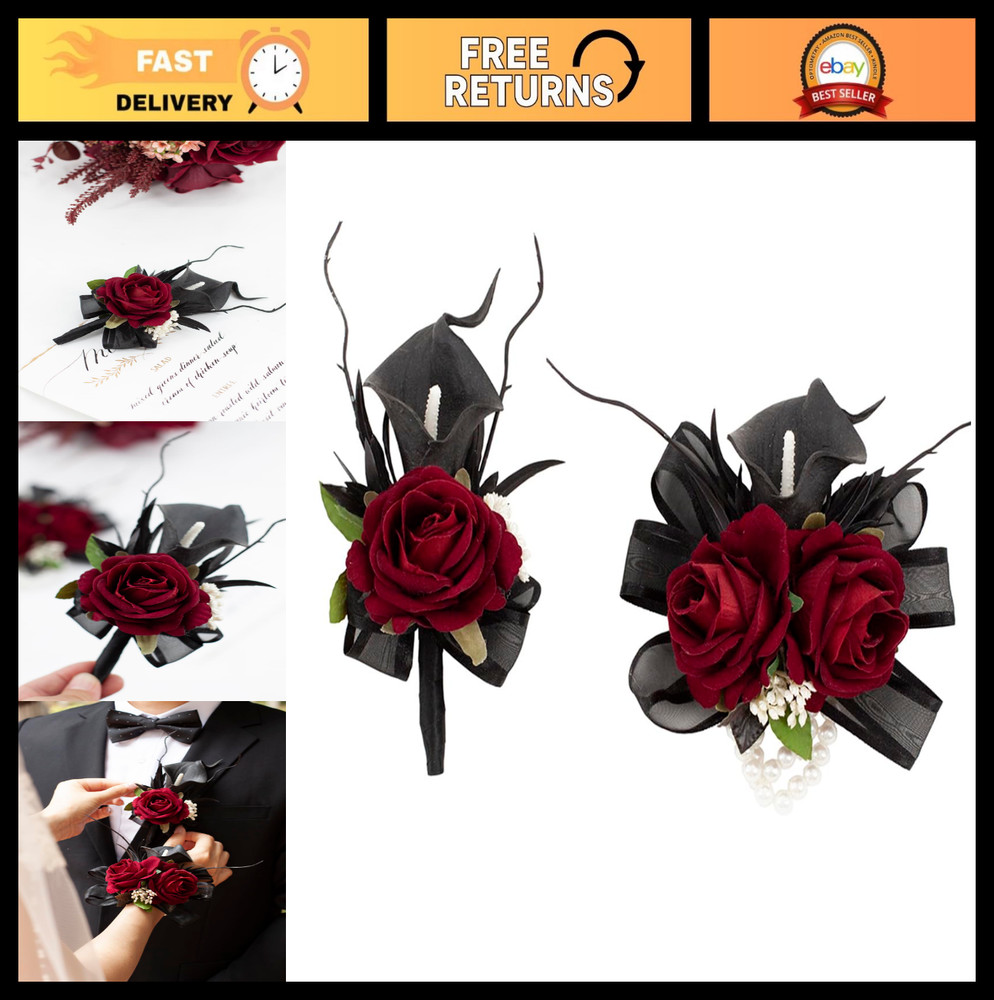 Elegant Black Burgundy Corsage & Boutonniere Set, Artificial Calla Lily Rose, We