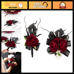 Elegant Black Burgundy Corsage & Boutonniere Set, Artificial Calla Lily Rose, We