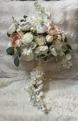 Cascading Wedding Bouquet for Bride, Blush Ivory Silk Flower Pearl Crystal