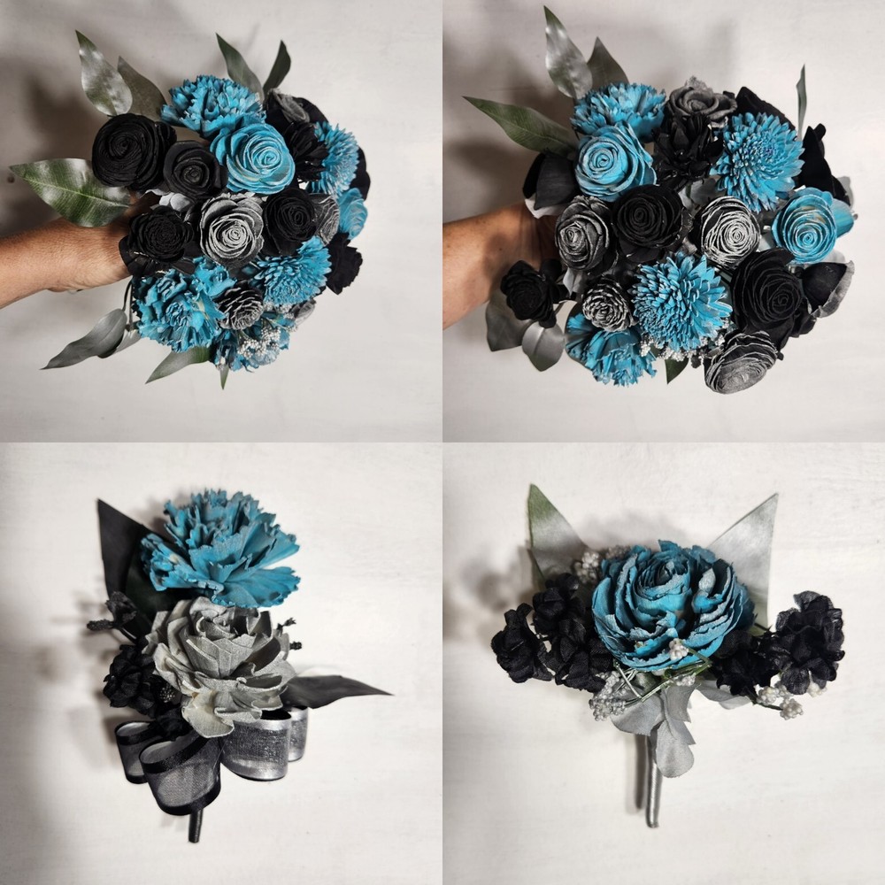 Turrquoise Black Sola Wood Bridal Wedding Bouquet Accessories