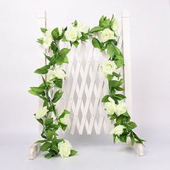 Artificial Rose Vine, 2 Pack 7.5FT Fake White Flower Garland with Green