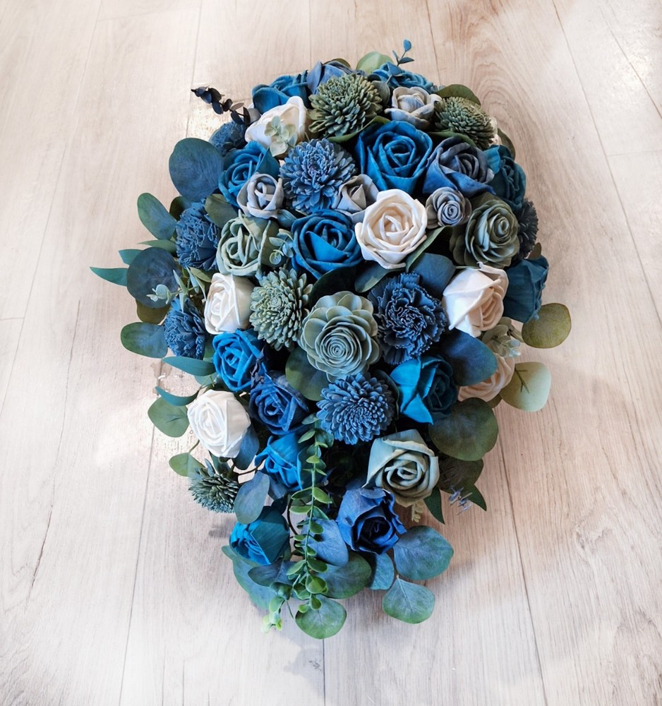 Blue Green Bridal Cascade Bouquet Sola Wood Wedding Flowers Cascading Bridesmaid