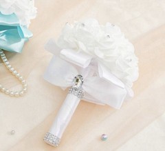 Handmade White Artificial Rose Wedding Bridal Bouquet w/ Ribbon Handle 9 in