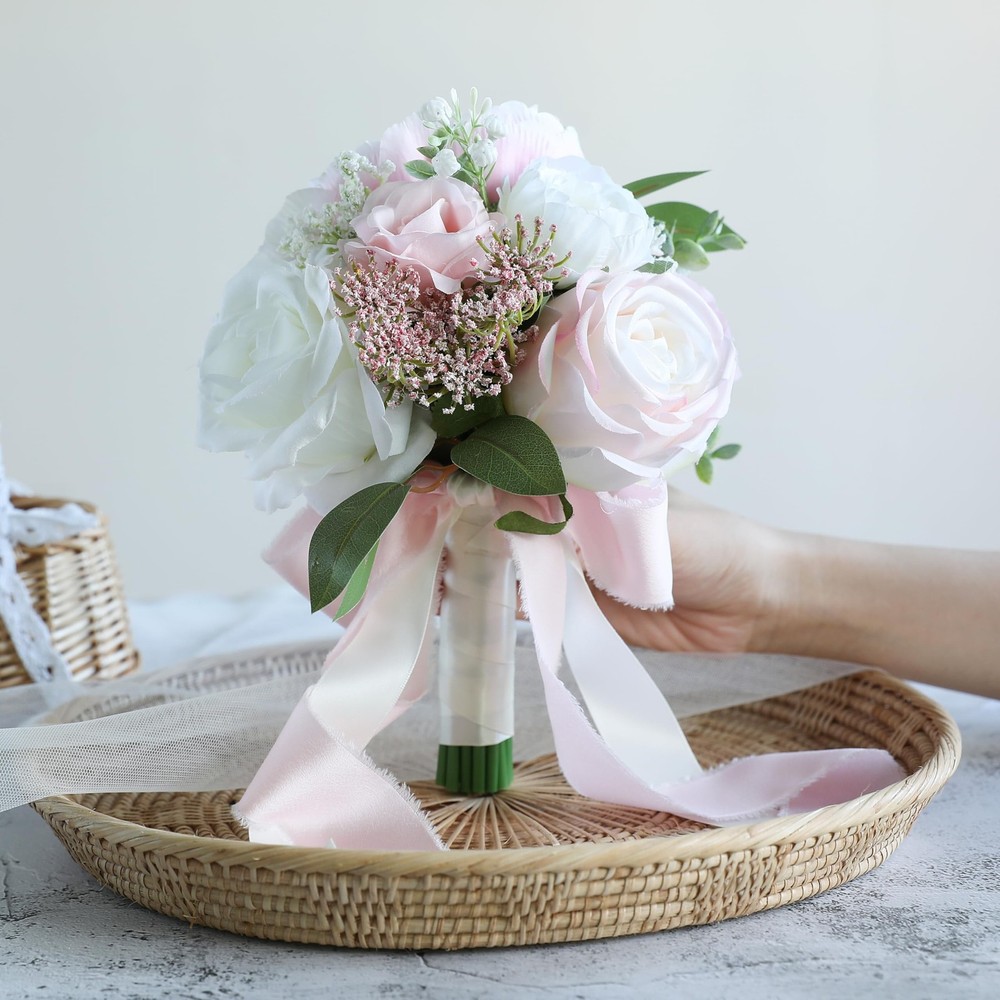 ponatia Blush Pink Wedding Bouquets for Bride Bridesmaid, Ivory Artificial Ro…