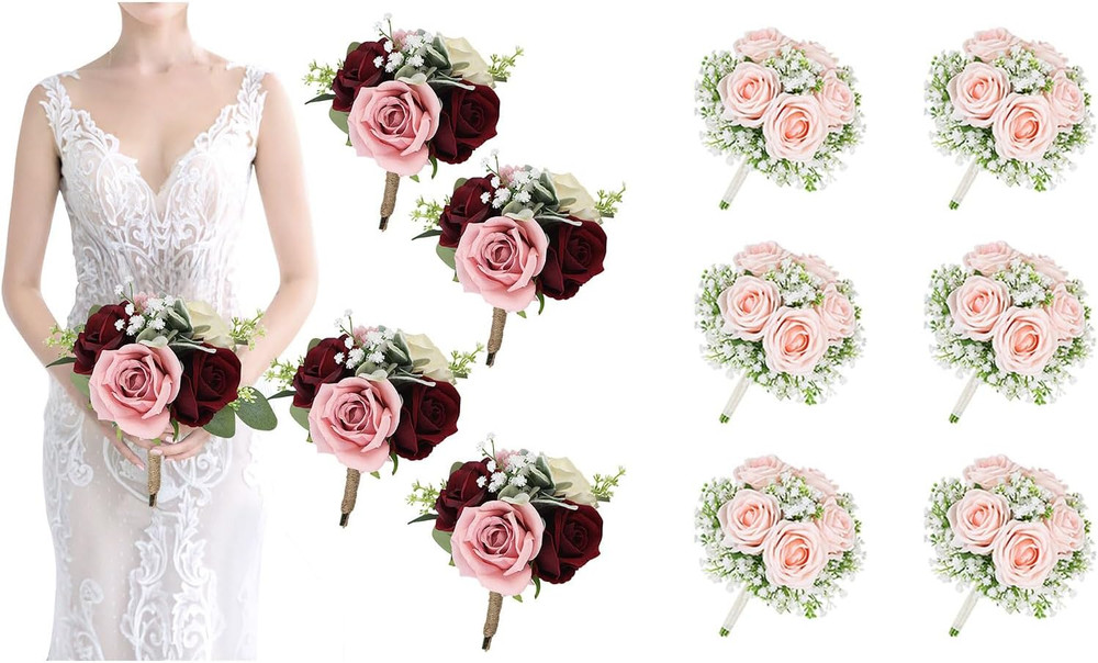 Blush & Burgundy Artificial Bridesmaid Bouquets – Set of 6 Peach Pink 2024
