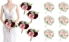 Blush & Burgundy Artificial Bridesmaid Bouquets – Set of 6 Peach Pink 2024