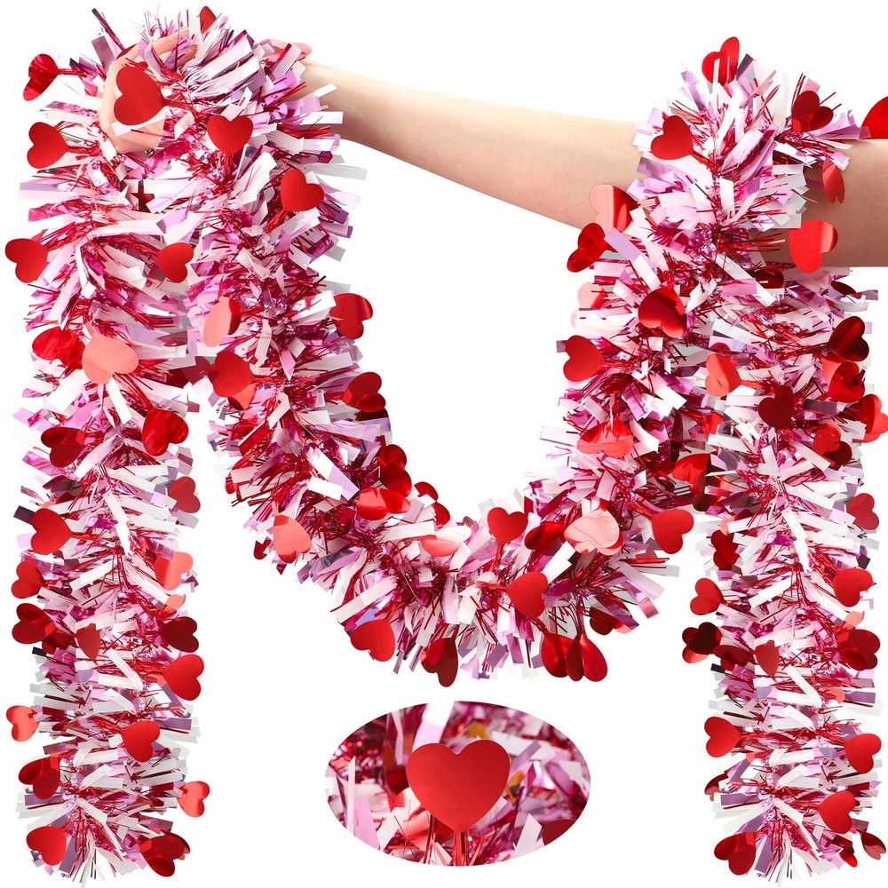 50Ft Valentines Heart Tinsel Garland Red Pink 50ft/ 15 m, Red, Pink, White